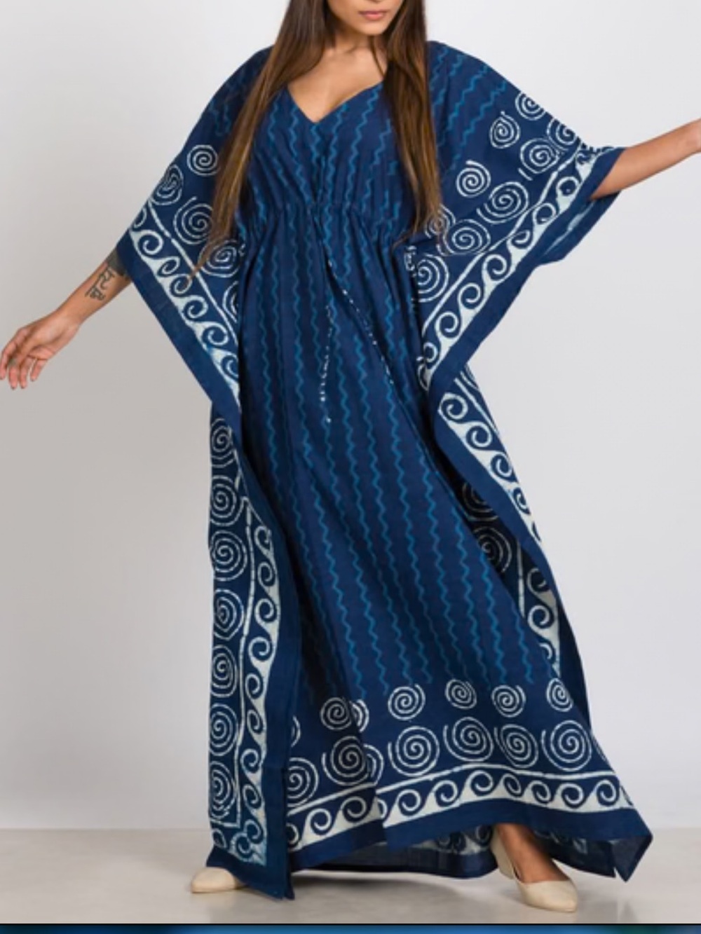 NWT Sevya Handmade Blue Printed Cotton Kaftan with Swirl Detail One Size